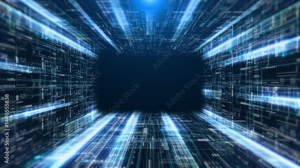Aufkleber HUD futuristic with glow stream line data transfer communication tunnel cyber space. Digital technology big data analysis 4K motion platform.