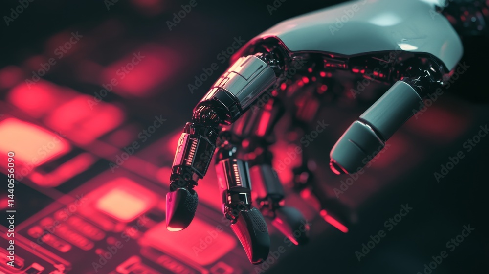 Poster robotic hand interaction futuristic lab digital art neon environment close-up view technology concep