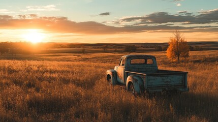 Scenic rural landscape at golden hour with vintage truck.