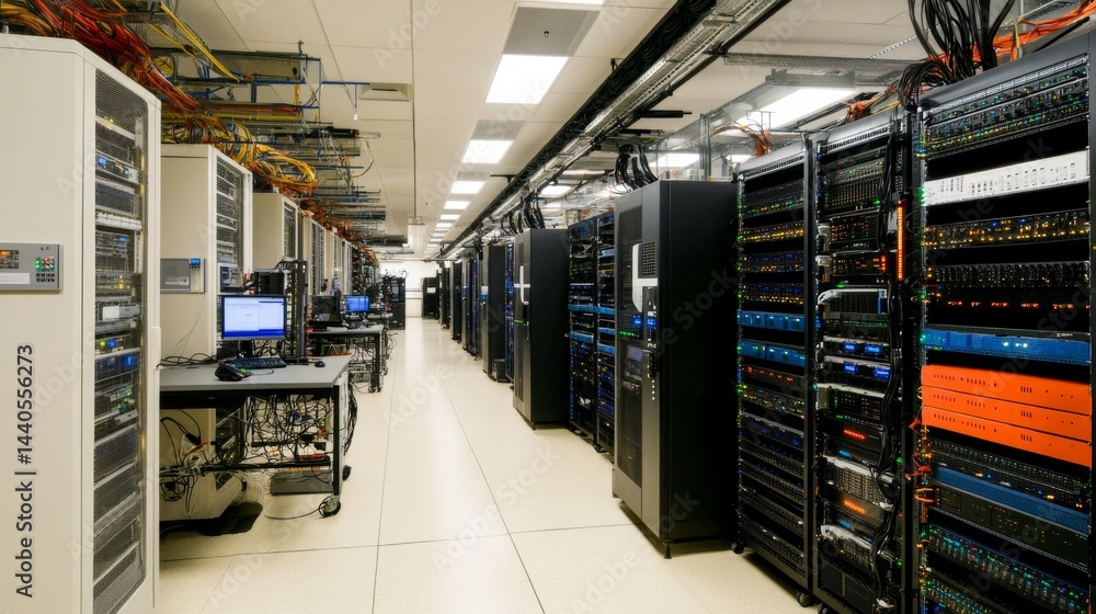 Poster data center operations overview modern facility image high-tech environment wide-angle perspective i