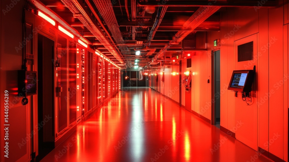 Poster red-lit corridor in a data center technology infrastructure futuristic environment digital viewpoint