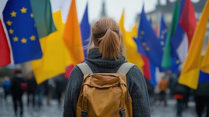 Activist with Flags, Demonstrator Supporting European Values and Freedom, Political Rally.