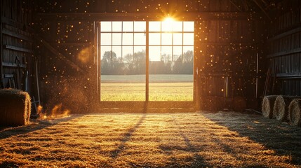 Sunlight streams into rustic barn interior