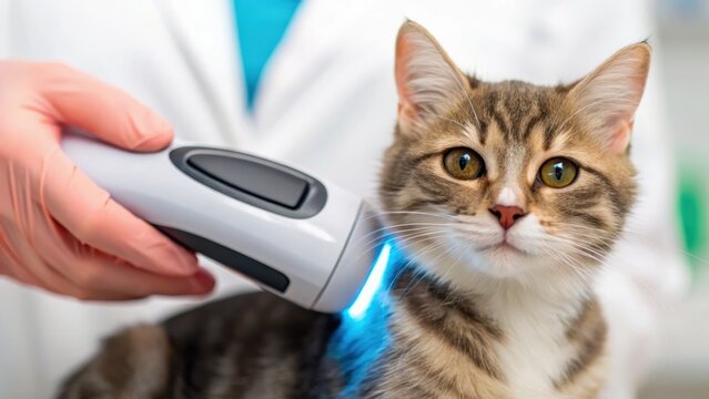 A cat in a veterinary clinic receiving treatment with a handheld device, surrounded by a professional environment.