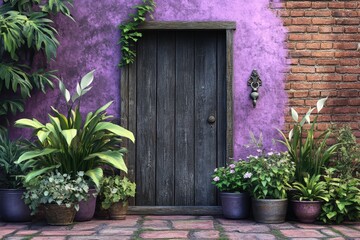 Fototapeta premium Exterior facade of a vibrant purple house with greenery and a weathered door.