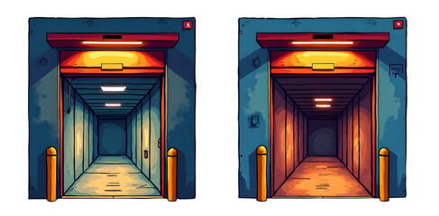 Colorful elevator interior with bright lights and contrasting shadows, creating vibrant