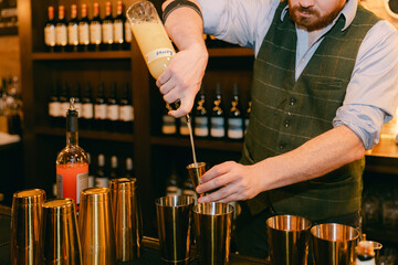 Bartender expertly mixing cocktails in a cozy bar during evening hours