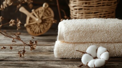 Naklejka premium Soft, cream-colored towels resting on a rustic wooden surface.