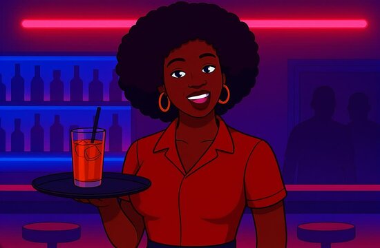 Serveuse souriante dans un bar anim&eacute;