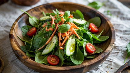 A colorful salad with mixed greens