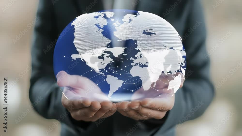 Poster digital technology, businessman holding global network connection. big data analytics and business i