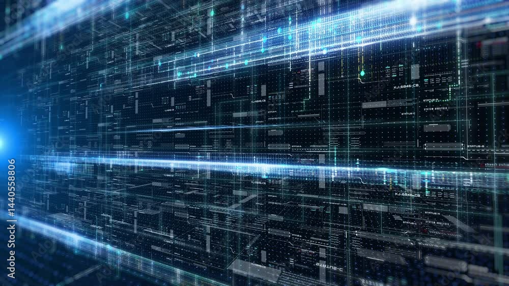 Poster HUD technology digital cyberspace data network connection perspective view 4K motion background.