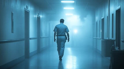 Lone security guard walking down a dimly lit, foggy hospital corridor.