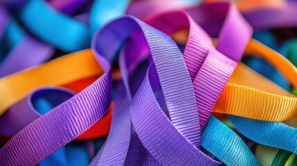 Ribbons Pile Colorful Texture. Purple, Pink, Blue, Orange Ribbons Close-Up. Soft Vivid Colors.