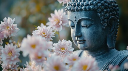 Serene Buddha Statue Amidst Blooming Dahlias