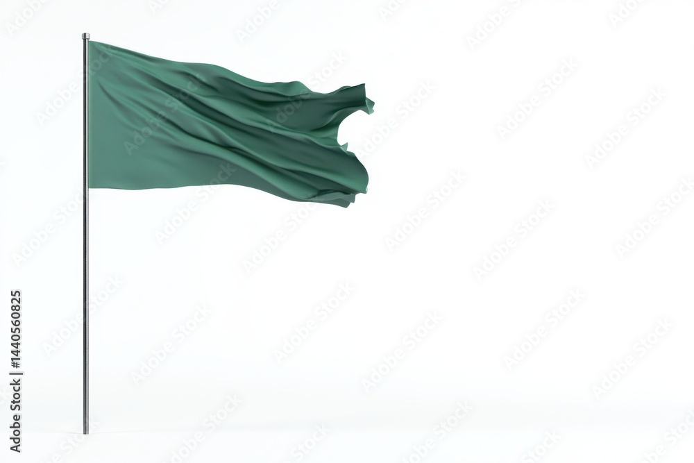 Poster a green flag waving on a pole against a white background in a studio setting with soft lighting