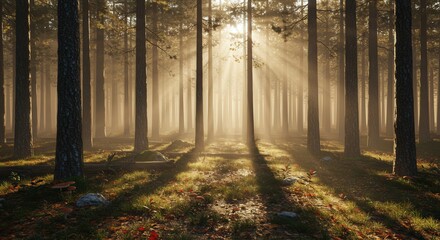 Naklejka premium Forest scene with sun rays shining through trees