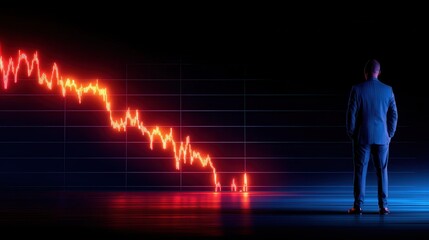 Businessman observing a declining stock market graph in a dark, high-tech environment