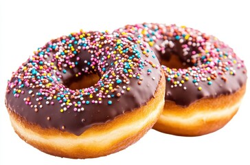 Chocolate frosted donuts with colorful sprinkles on a white background, perfect for bakery promotions and dessert advertisements
