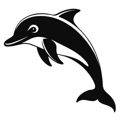 Fototapeta premium Silhouette of a single dolphin jumping in black and white illustration