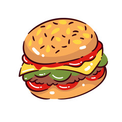 Burger with cheese, lettuce, tomato, and sesame bun in cartoon doodle and flat style. Vector illustration of burger for menu, fast food, cafe, or takeaway design. Tasty burger snack.