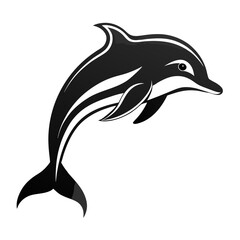 Silhouette of a single dolphin jumping in black and white illustration