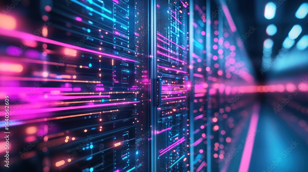 Poster futuristic server room with glowing data streams.