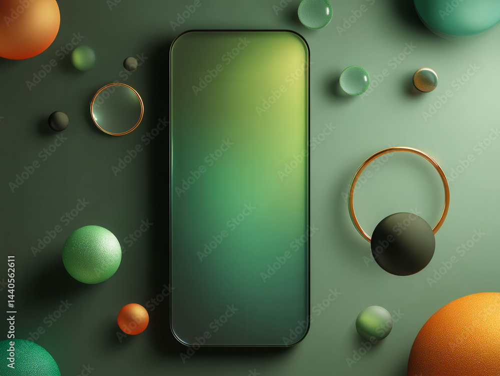 Poster a phone is displayed in a green background with a variety of colorful spheres surrounding it. concep