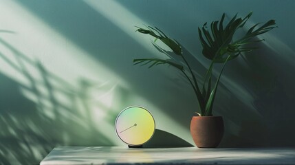 clock on table with plant 