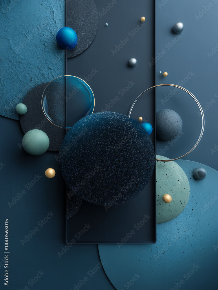 Poster a blue background with a lot of different colored spheres. the spheres are of different sizes and co