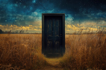Mysterious door stands alone in a golden field under a dramatic sky
