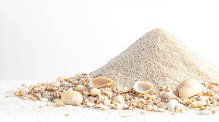 Sand mound with scattered small shells on white background.