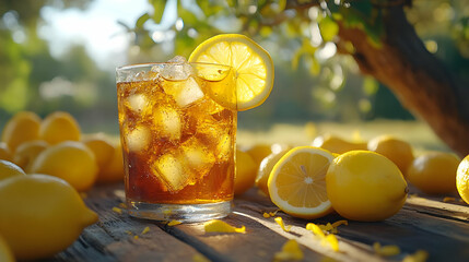Glass of Iced Tea with Lemon Slice, Realistic Image