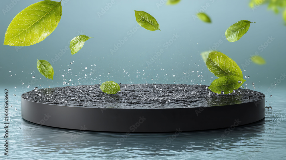 Poster a black round table with a lot of leaves on it. the leaves are falling from the table and the water 