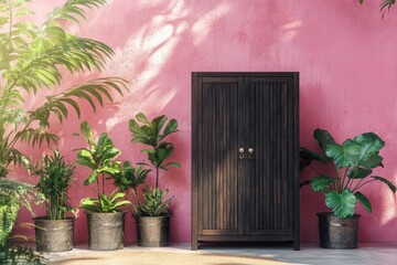 Dark wooden wardrobe against a vibrant pink wall, surrounded by tropical plants.