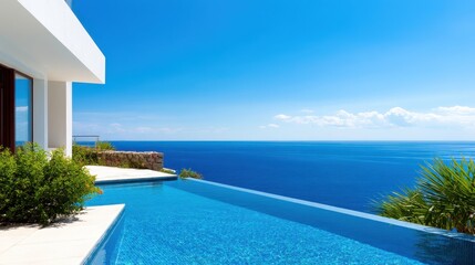 Fototapeta premium Modern villa with infinity pool overlooking a serene ocean under a clear blue sky