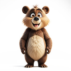 HD 3D Cute Happy cartoon realistic character Brown Standing Bear looking at the camera isolated on a white background. Teddy bear collection for animation.