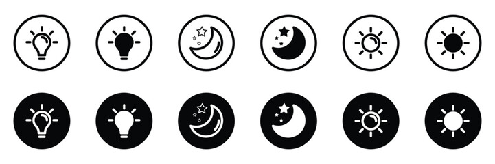 Vector day and night switch icons featuring sun and moon designs for light and dark mode. Screen brightness and contrast level control icons. Day night switch. Vector Illustration.