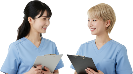 Two smiling nurses in blue scrubs facing each other holding clipboards