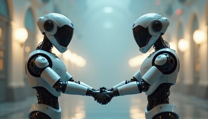 couple of robots holding hands looking each to other