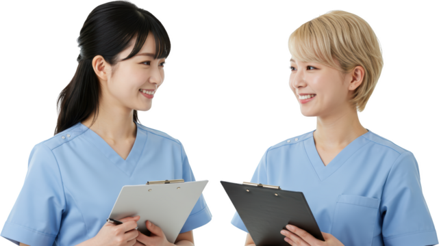 Two smiling nurses in blue scrubs facing each other holding clipboards