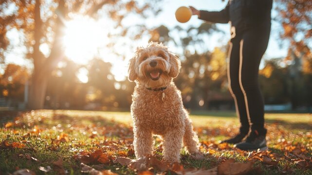 Cute cavapoo dog playing fetch outside on a sunny day