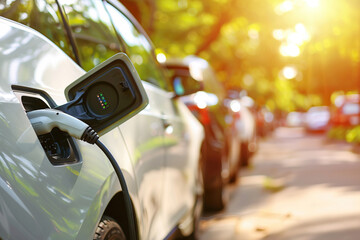 Naklejka premium Power source for charging battery of beautiful hybrid electric car on road, abstract vivid composition consists of fictional unreal fantastic vision on background