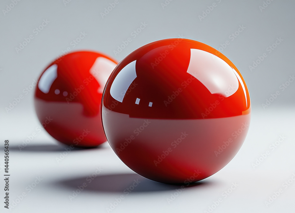Poster red spheres on pure white background with soft light reflection and subtle shadow play