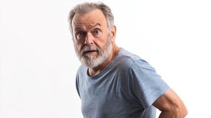 Obraz premium Senior man jogging with a carefree expression, looking fit and happy, on a white background.