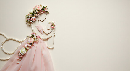 DELICATE COMPOSITION WITH PEARLS, SOFT FABRICS, AND MINI FLOWER BOUQUETS FORMING THE SILHOUETTE OF A MOTHER AND CHILD ON A CREAM BACKGROUND