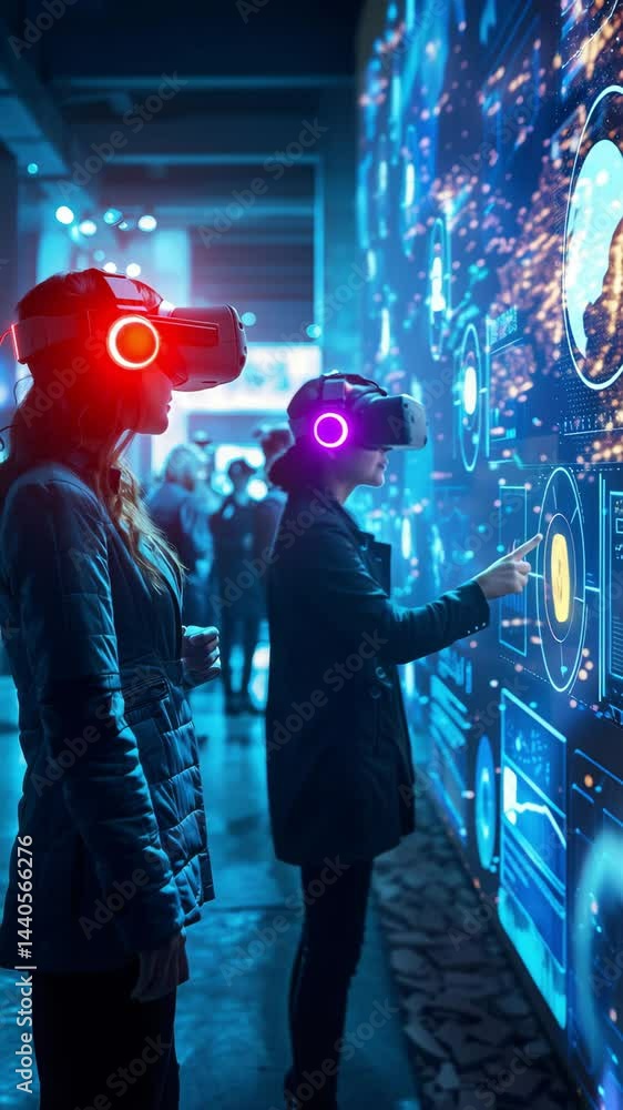 Poster two individuals engage with virtual reality technology in an immersive digital environment, explorin