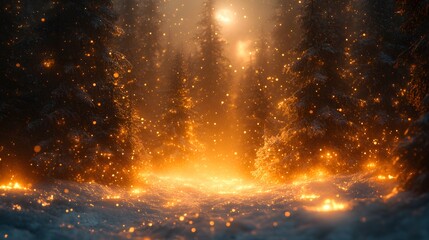 Enchanted Winter Forest Landscape with Sunlight Beams and Golden Bokeh Particles Shimmering through Snowy Woodland