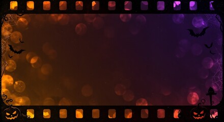 Abstract Halloween film edge frame with bokeh effect, flying creatures, and gourd for modern event announcements, mystery blog pictures, and festive digital cards.