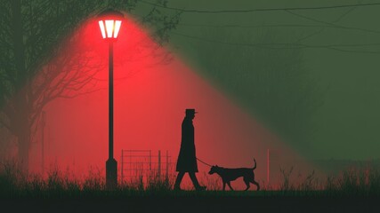 Fototapeta premium Person walking dog in the fog at night